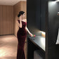 Off-shoulder sleeveless dress velvet banquet temperament fishtail dress skirt R1448