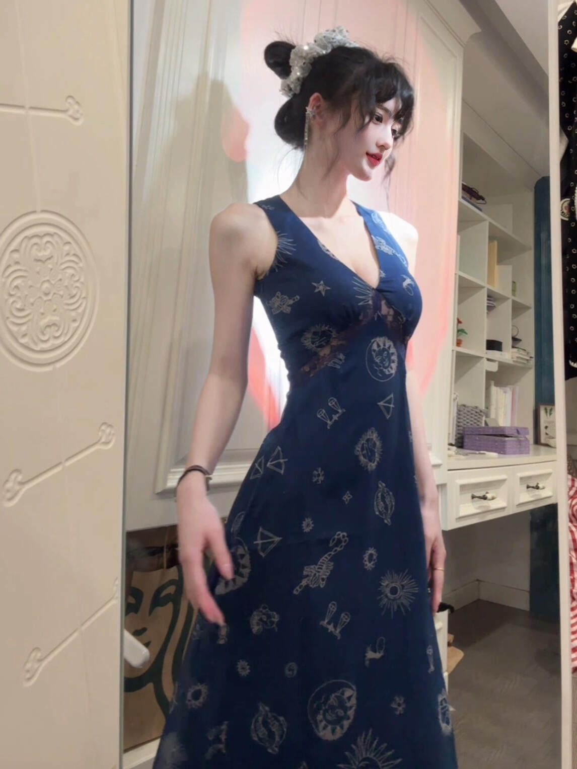 Retro blue v-neck floral halter dress beautiful waist a-line long skirt R0794