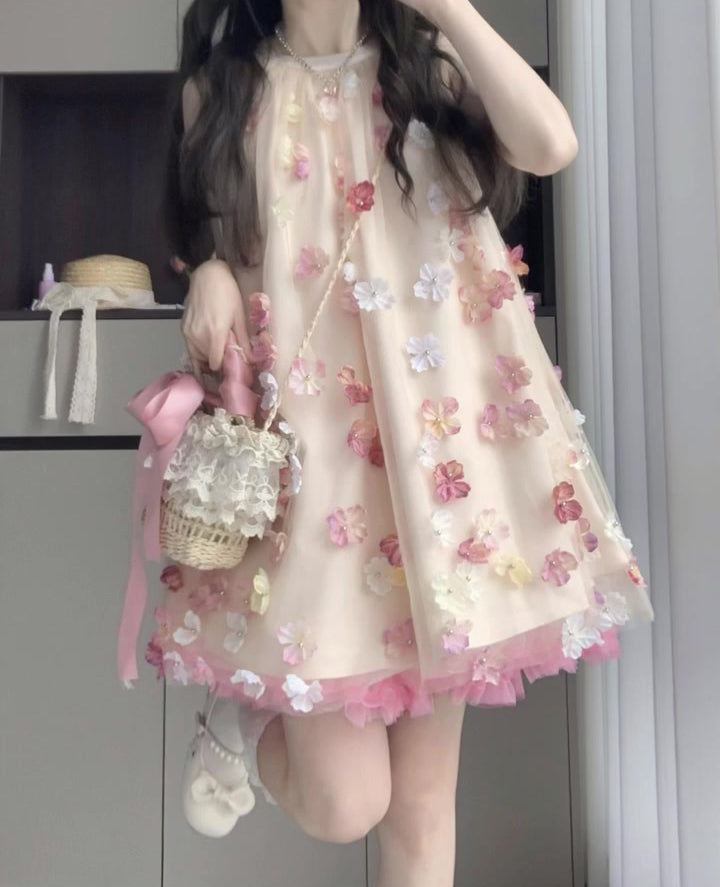 Gentle and sweet style flower off-shoulder halter dress beautiful loose A-line skirt R0798