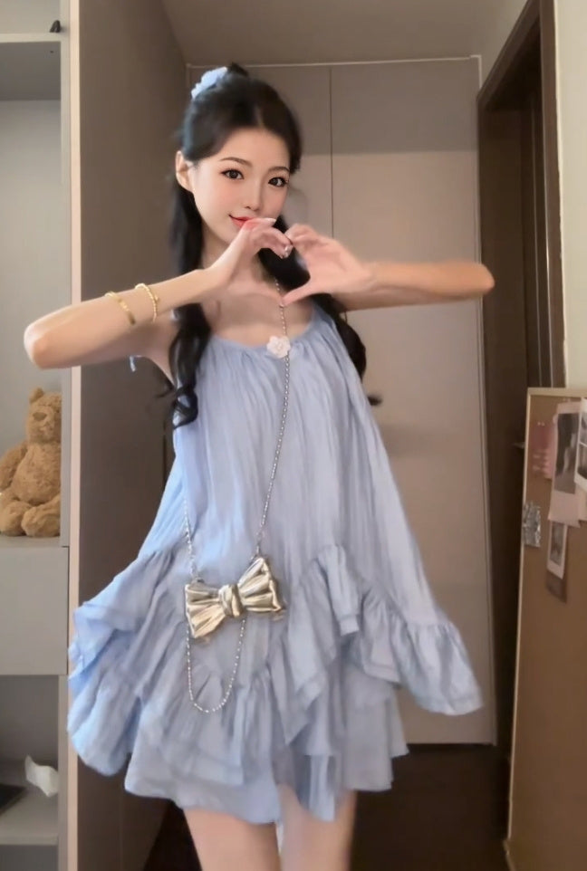 Suit blue suspender dress short skirt skirt summer outfit matching a complete set R0795