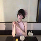 Pink sleeveless vest dress gentle temperament waist fluffy flower bud skirt R0799