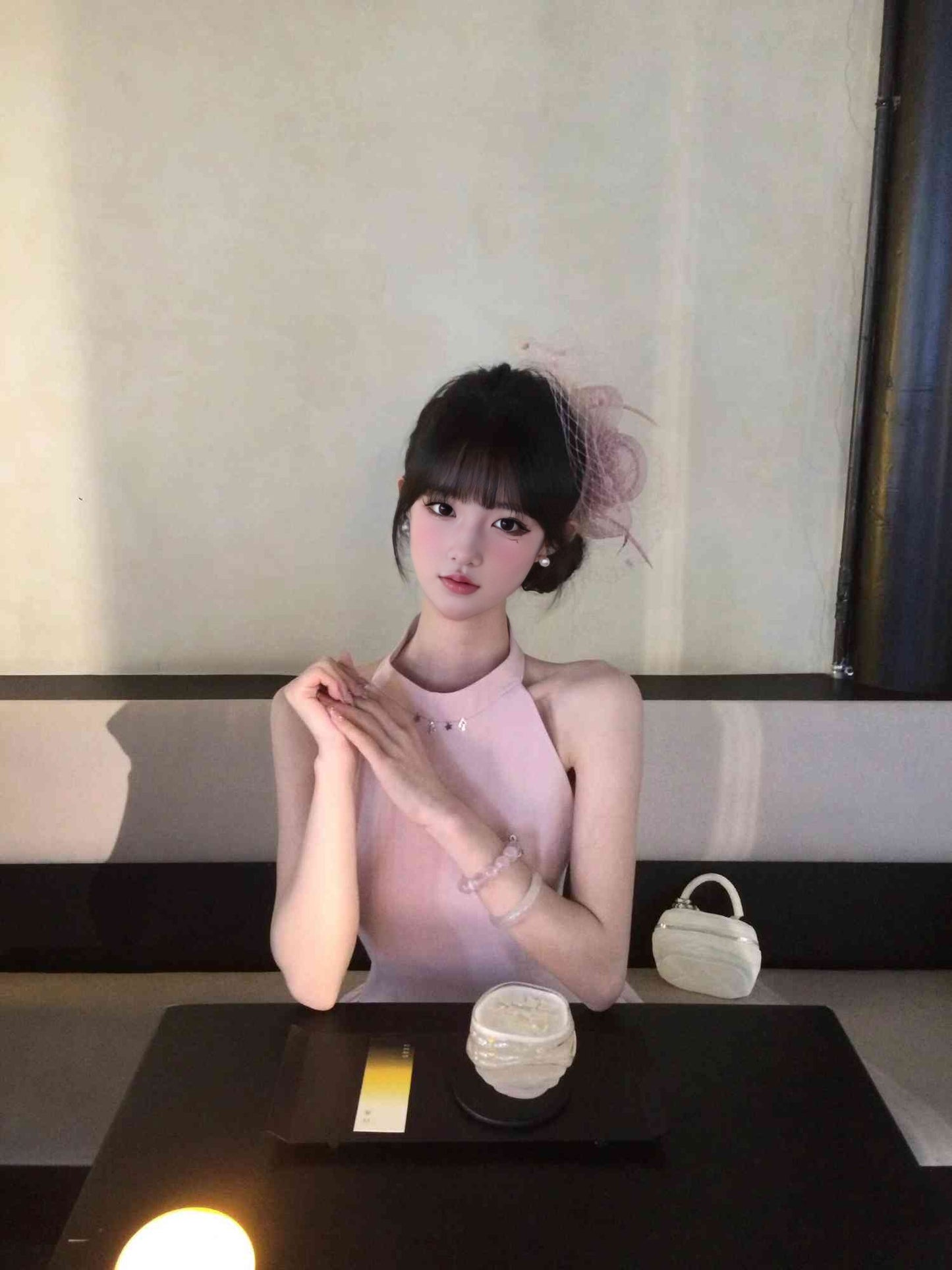 Pink sleeveless vest dress gentle temperament waist fluffy flower bud skirt R0799