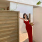 Retro red suspender dress 2025 new holiday style temperament figure waist hip skirt R0722
