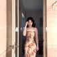Retro floral suspender dress beautiful waist slim beach dress R0668