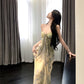 Green floral suspender dress, elegant waist slim beach dress R0670