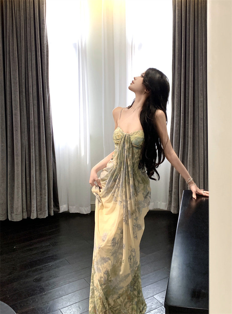 Green floral suspender dress, elegant waist slim beach dress R0670