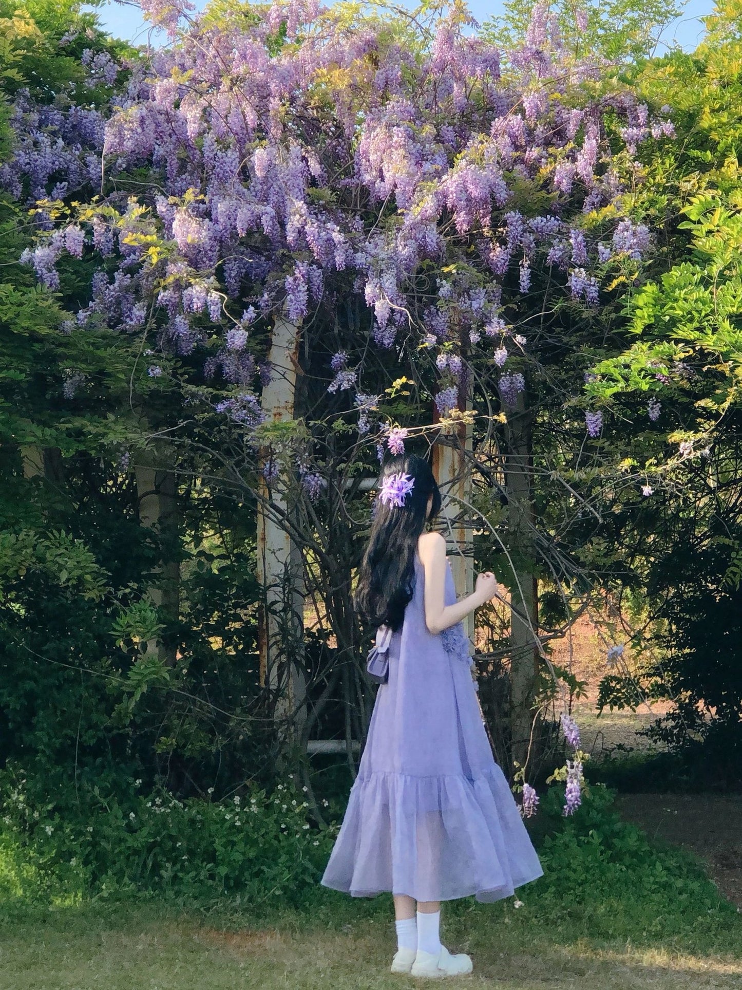 Atmosphere small skirt gentle temperament A-line long skirt purple halter neck dress R0671