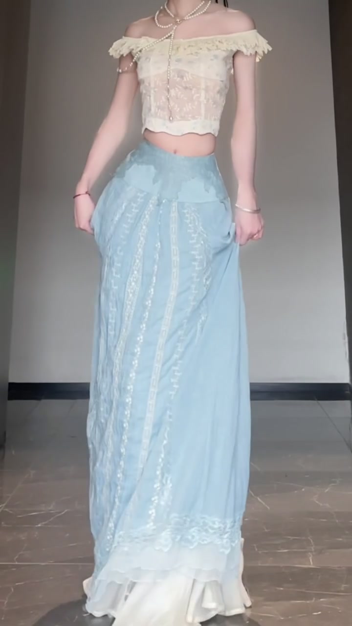 Gentle temperament white one-shoulder top a-line skirt two-piece set R0808