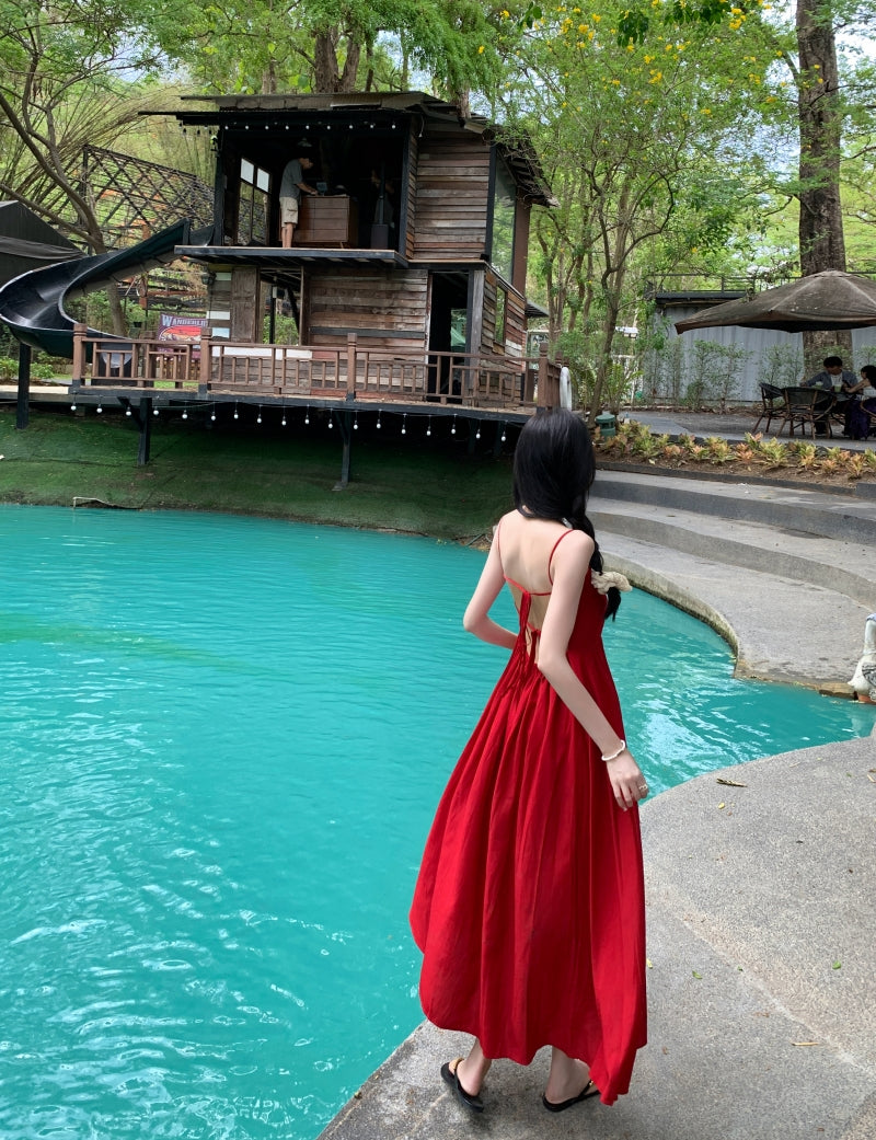 French square neck waist hip dress high waist sleeveless slim suspender dress slit long skirt R1434