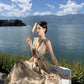 Retro high-end backless sexy halter neck dress waist temperament holiday long dress R1435