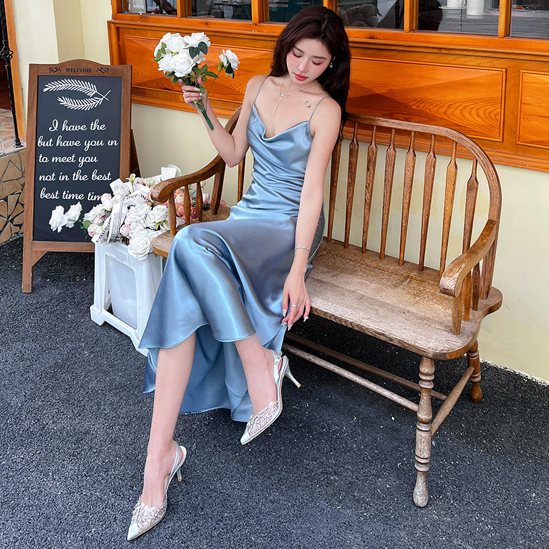 High-grade silk suspender dress for women, medium-length satin slim-fitting maxi dress R0981