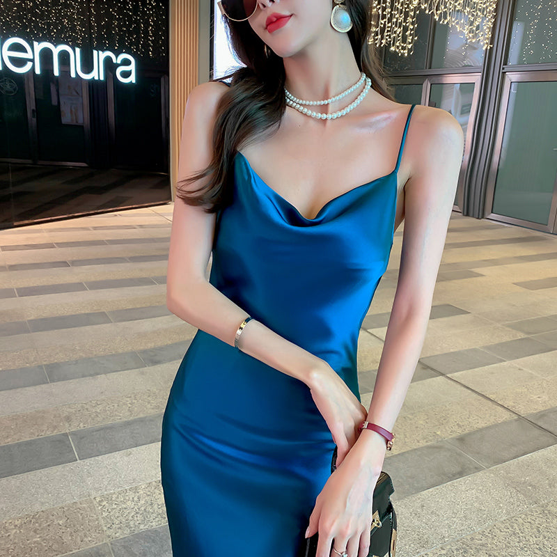 High-grade French suspender dress 25 new high-end silk satin blue temperament skirt slim fit R0988