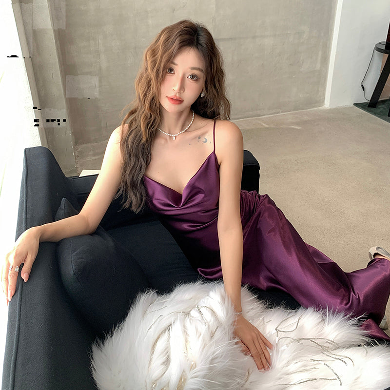 French satin suspender dress Hepburn long skirt with base purple A-line slim vest skirt R0984