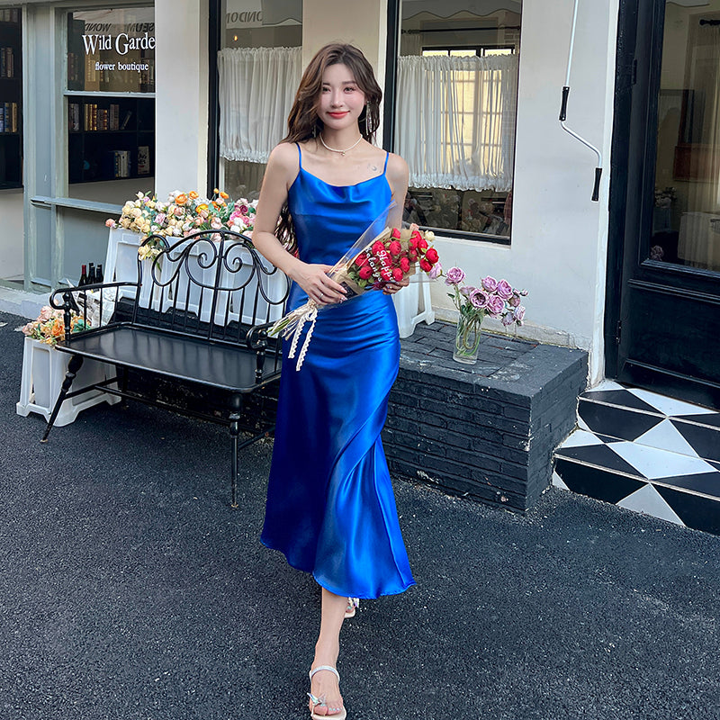 Acetate suspender dress 2025 new style wear texture high-end A-line temperament slim long skirt R0995