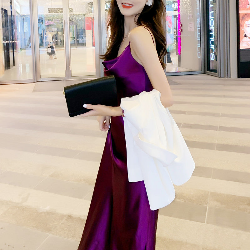 High-grade purple silk suspender dress with medium-length satin inner wear for slimming R0985