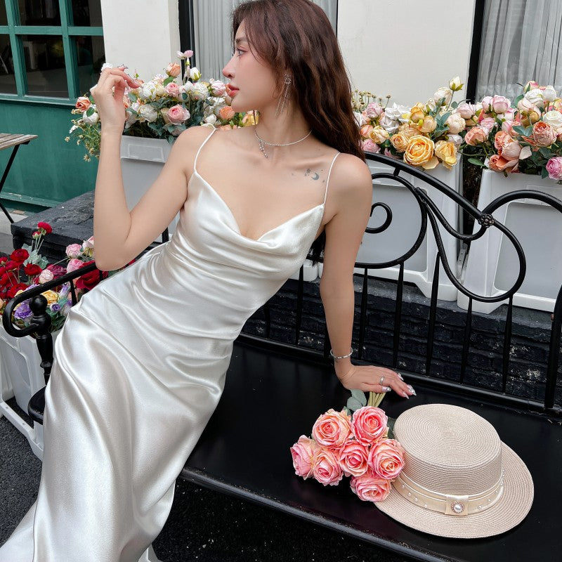 High-grade acetate silk satin white suspender dress mid-length bottoming skirt inner wear R0982