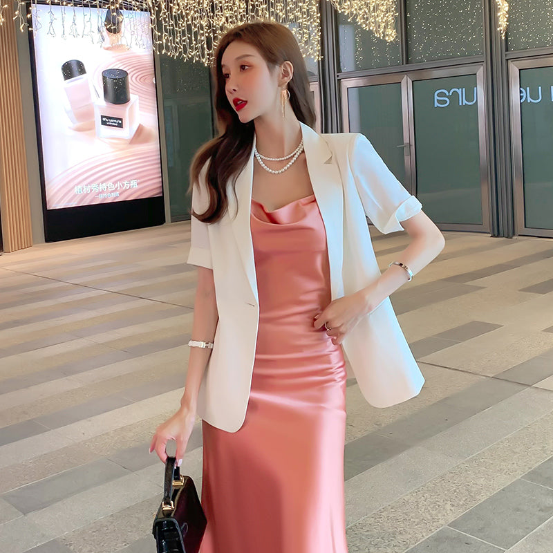 Silk suspender dress mid-length satin waist temperament inner wear bottoming long skirt R0994