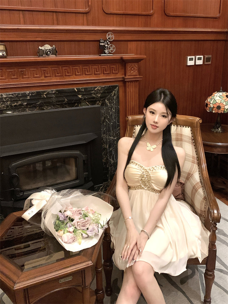 Sexy one-shoulder tube top dress with diamonds R0538