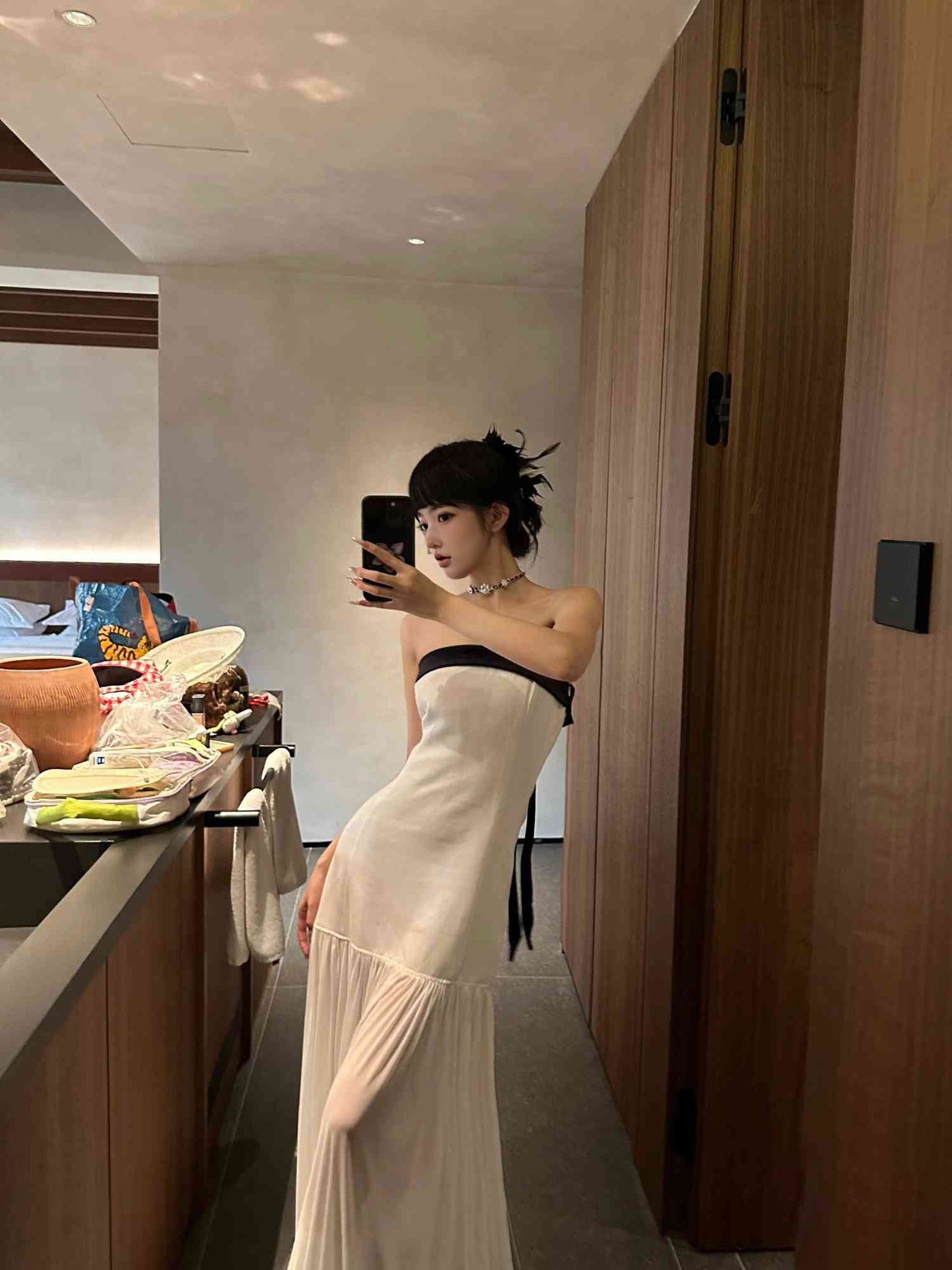 White tube top dress gentle style unique mesh long skirt R0531