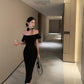 Hepburn style French sexy black one-shoulder dress slim fit temperament hip long skirt R1820