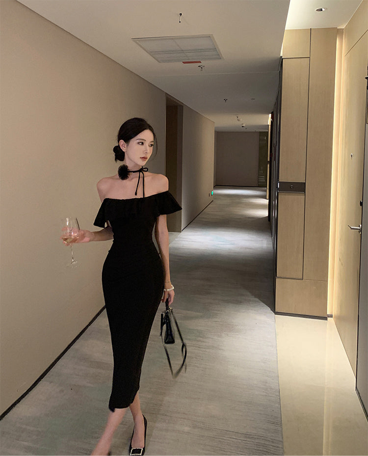 Hepburn style French sexy black one-shoulder dress slim fit temperament hip long skirt R1820