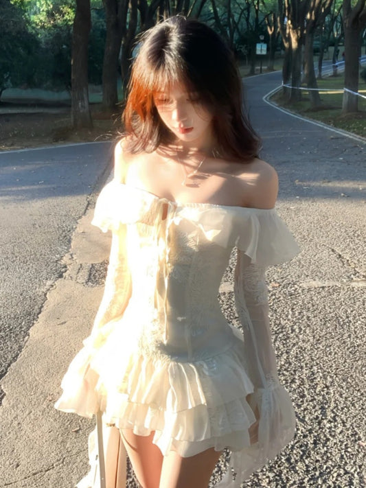 Summer New French One Shoulder Skirt Sweet Heavy Industry Ribbon Irregular Dress Short Skirt Homecoming Dress R2998