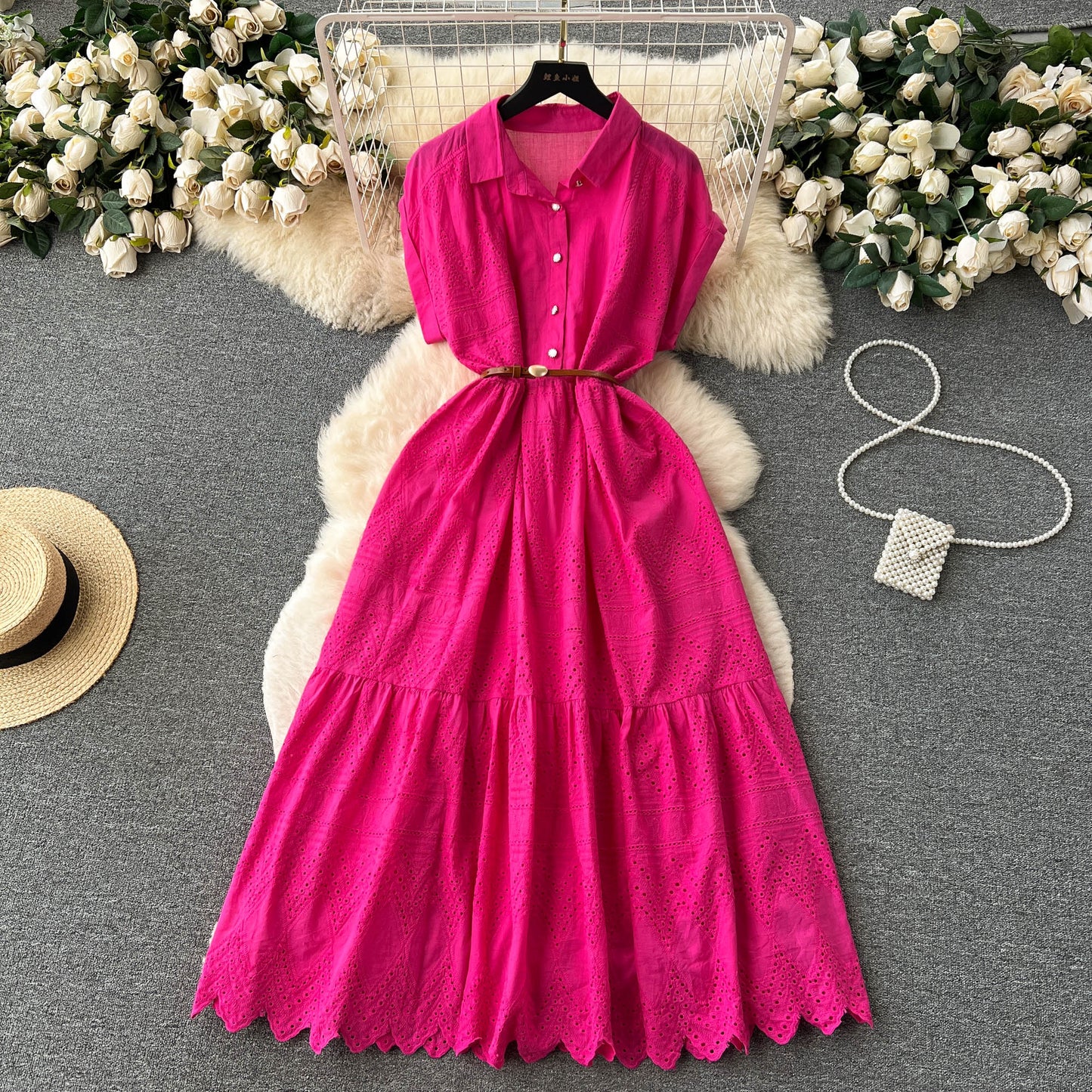 Niche design buttoned loose lace long dress waist pleated shirt collar spliced long skirt R2168