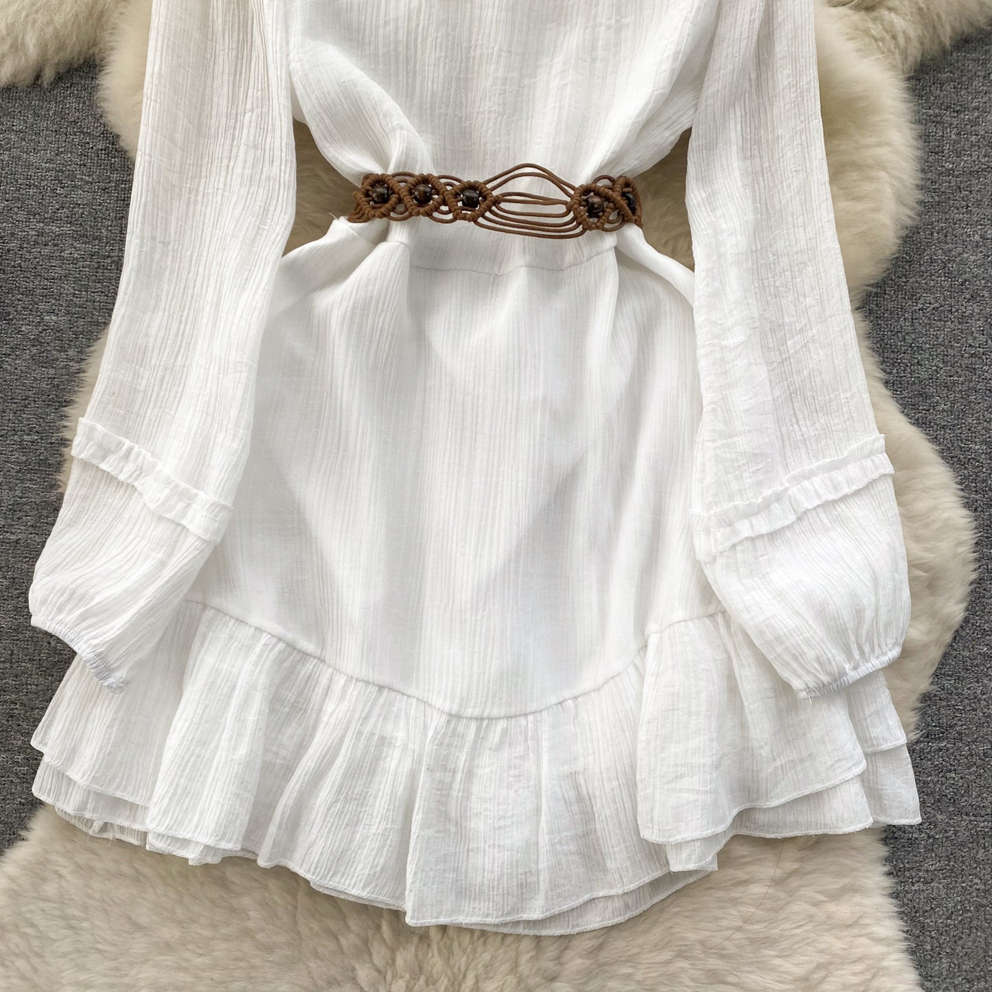 2025 new holiday style outfit sweet wood ear straps slim short ruffle dress R2162