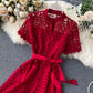 French retro lady temperament dress skirt scheming hollow lace short-sleeved dress R2165