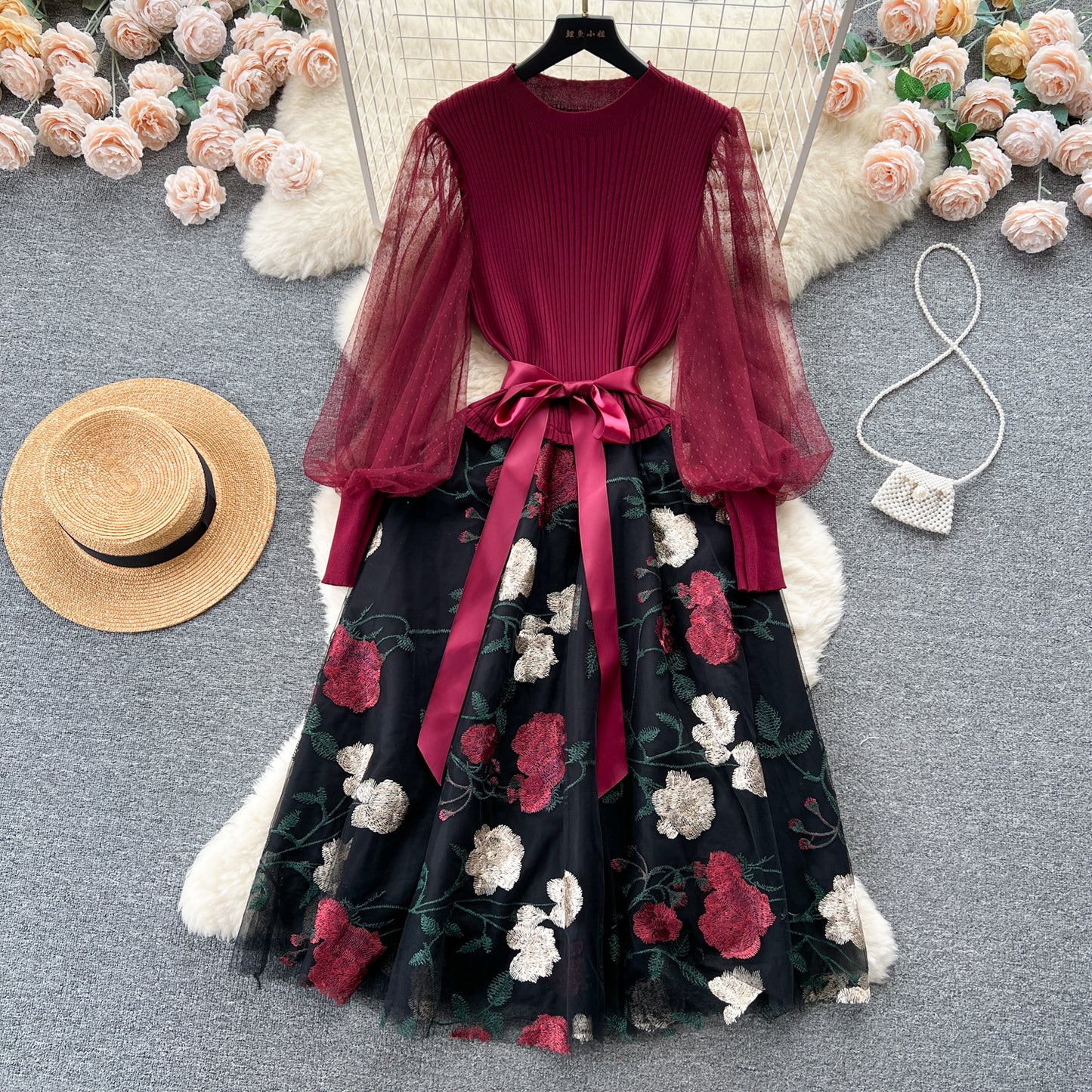 French knitted stitching embroidered mesh dress with tie waist temperament fairy dress R2160