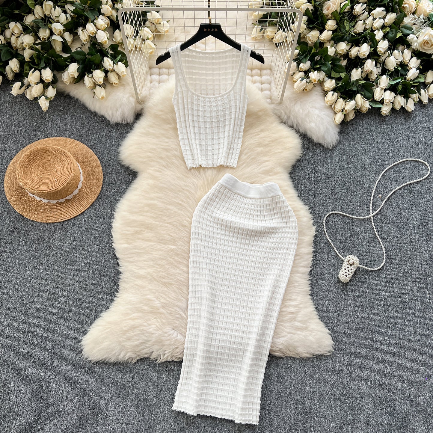 Retro hot girl style suit short vest top versatile high waist skirt knitted two-piece suit R2164