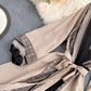 Retro printed tie waist slimming temperament V-neck fashionable bubble sleeve long dress R2154