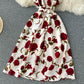 Retro printed dress 2025 new style temperament V-neck tie waist slim medium long dress R2139