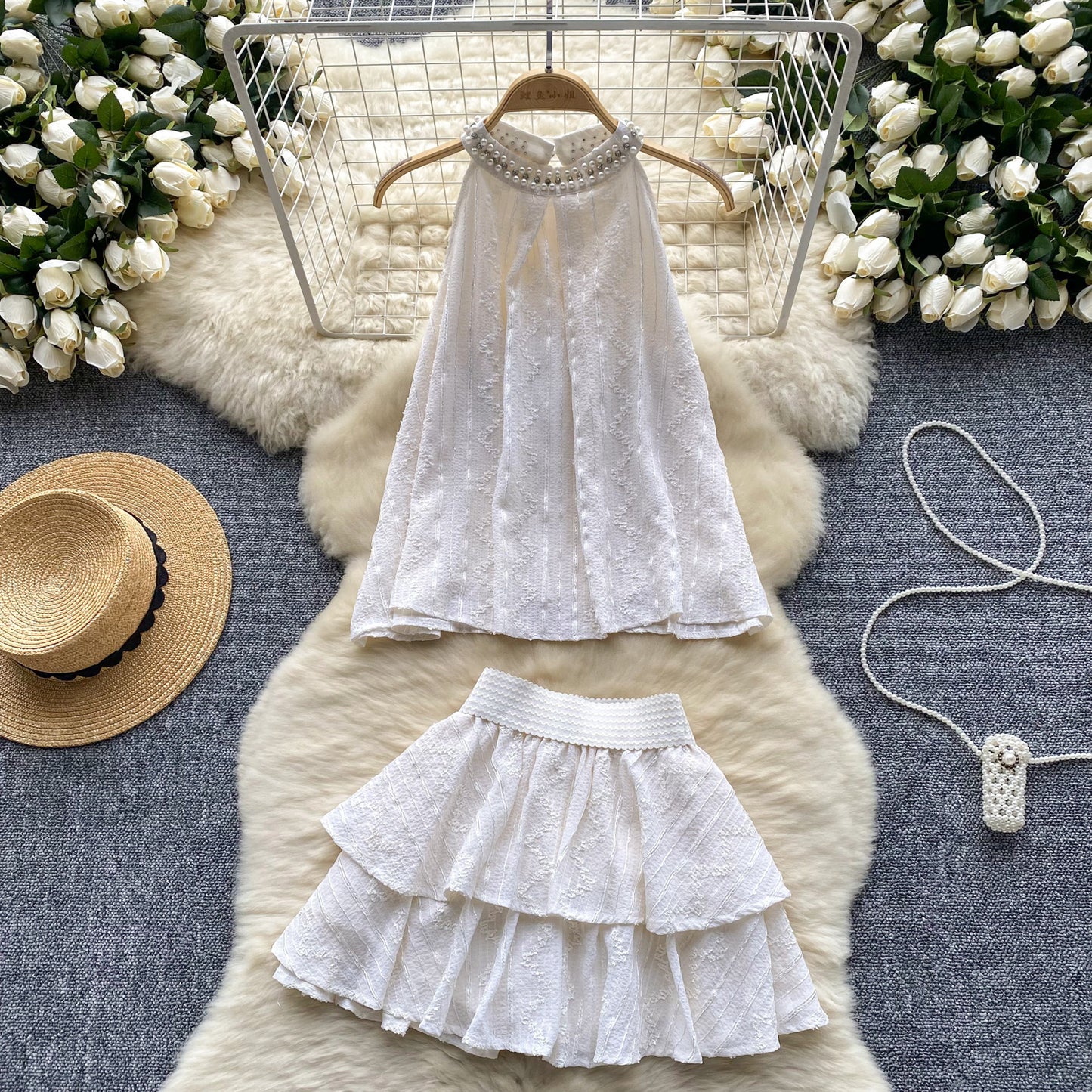 High-end round neck halter top high waist slimming A-line skirt sweet two-piece suit R2161