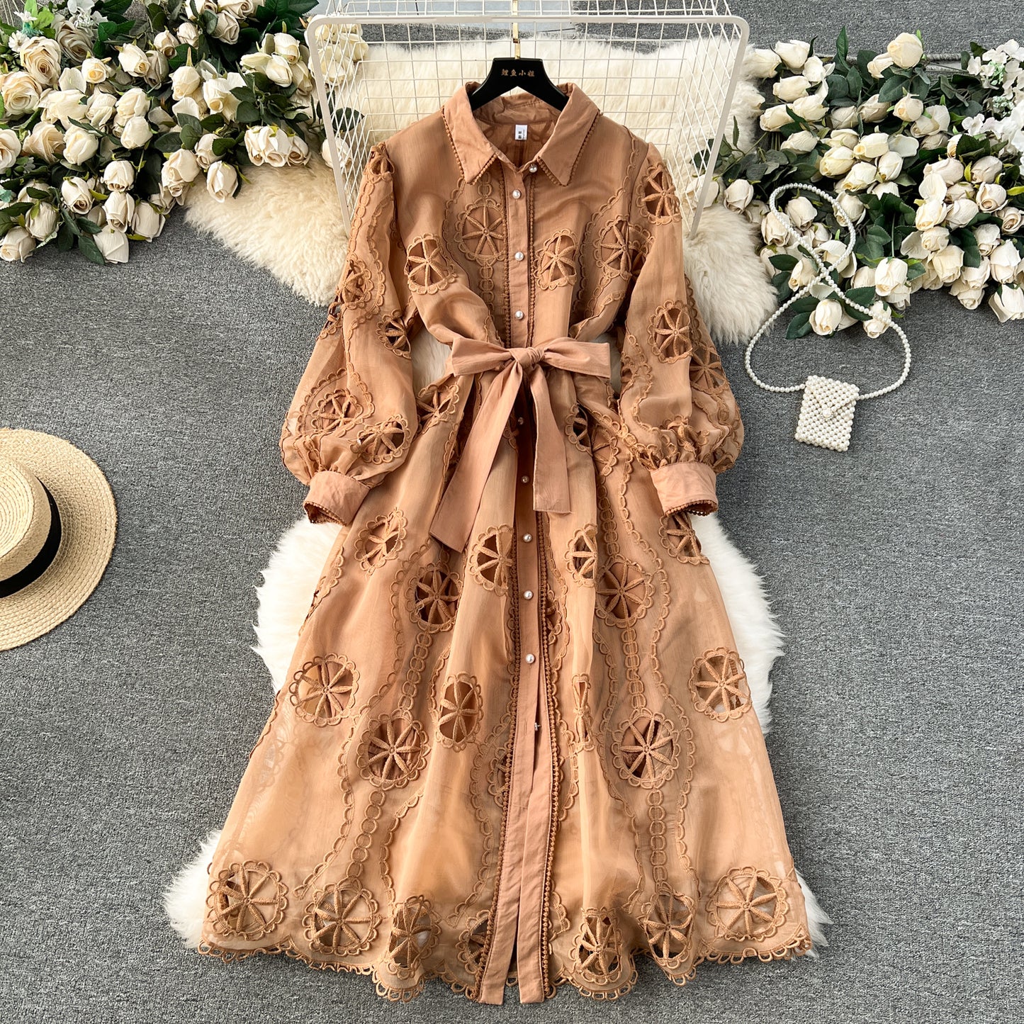 Palace style dress 2025 new embroidery hollow flower slim fit medium long dress R2155