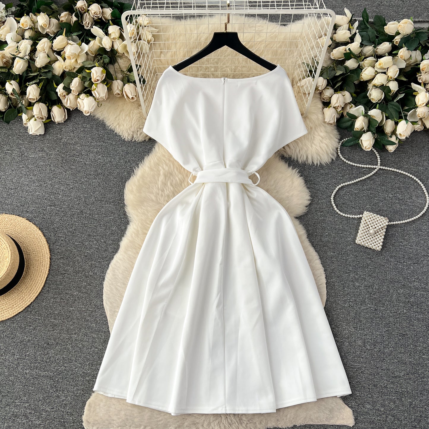 High-end banquet party dress summer bow tie waist design niche chic dress R2163