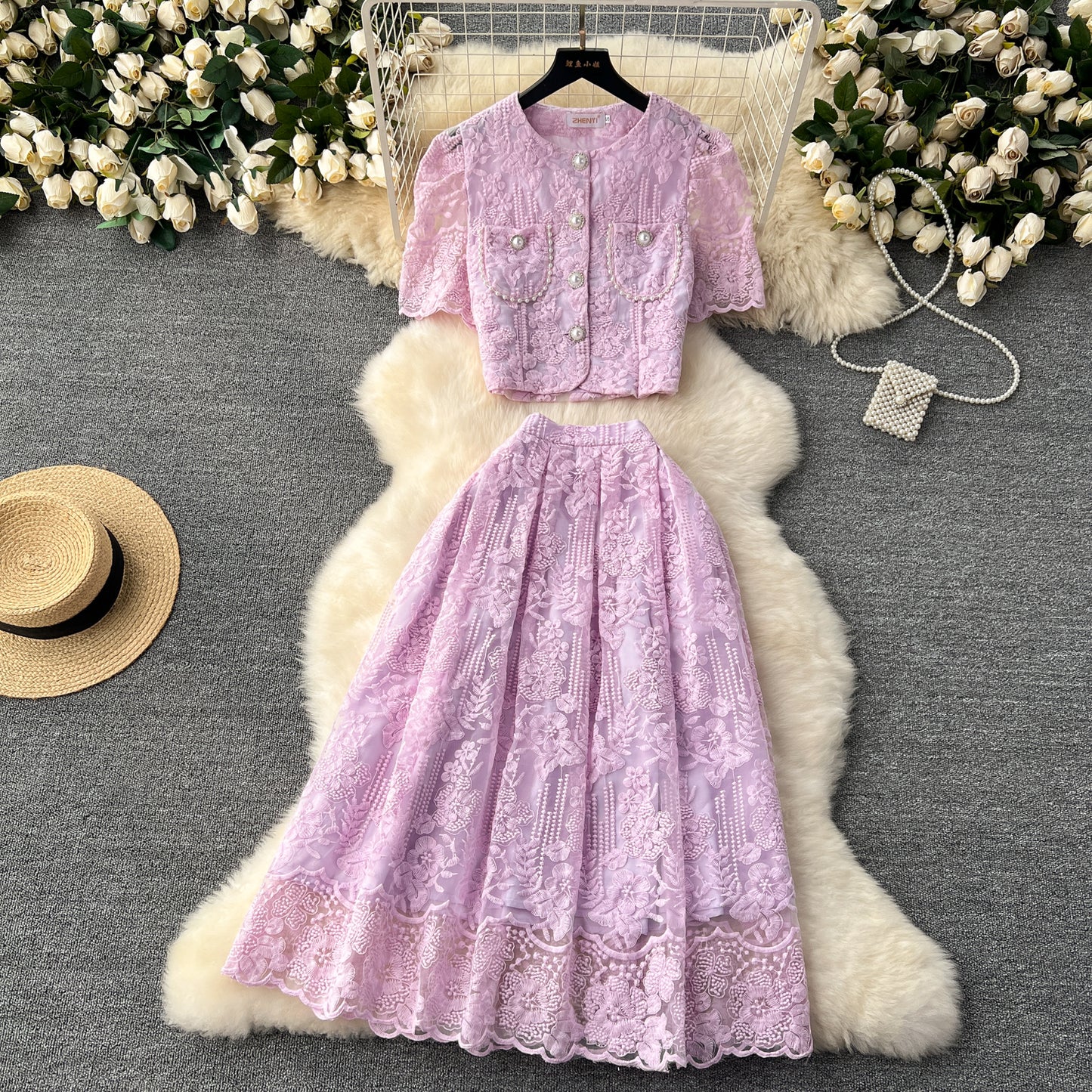 High-end suit French lace hook flower puff sleeve shirt two-piece high waist slim skirt R2137