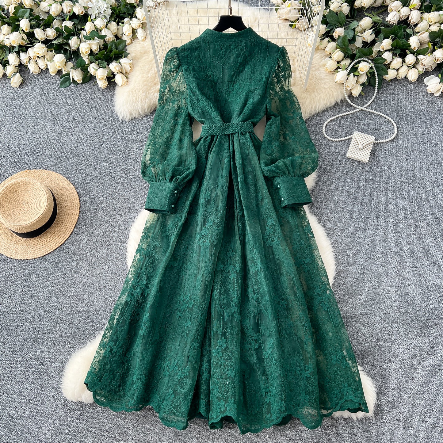 French high-end dress 2025 waist embroidery V-neck lantern sleeves single-breasted long skirt R2135