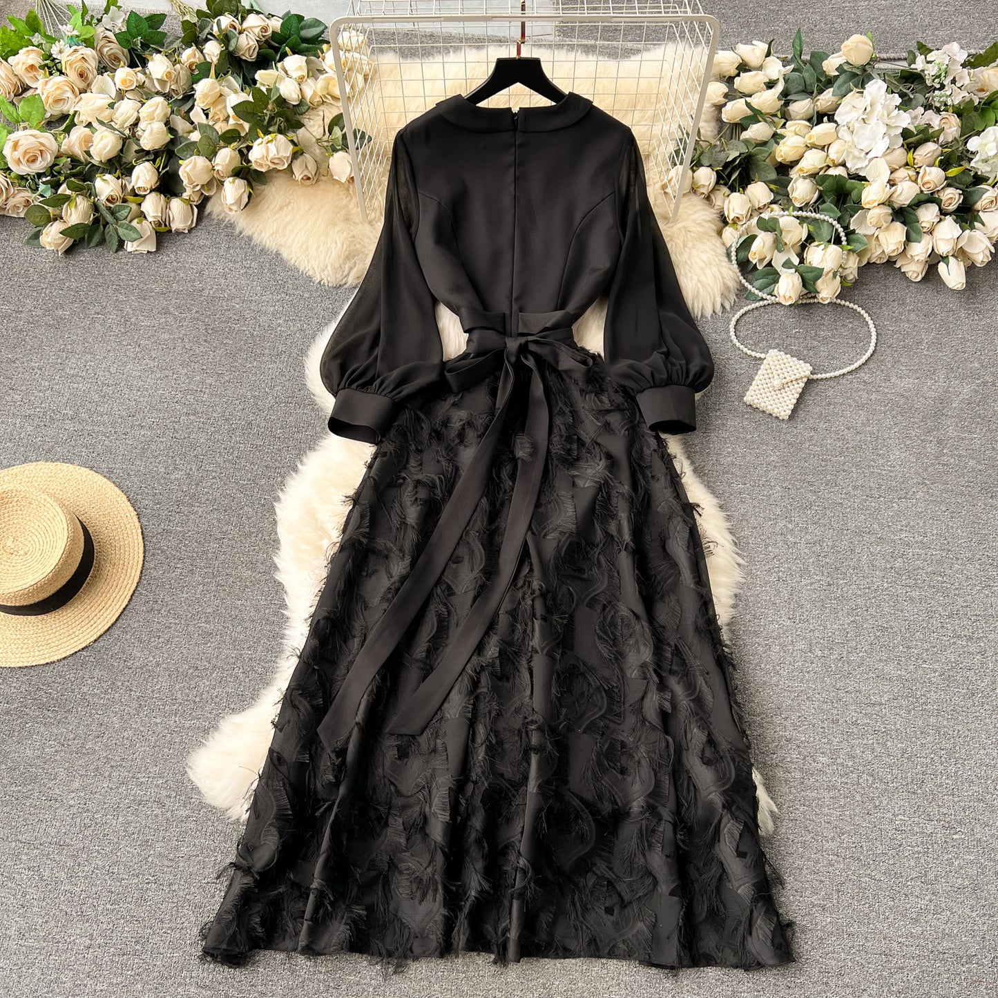 High-end dress 2025 new French splicing fake two-piece temperament long dress R2153