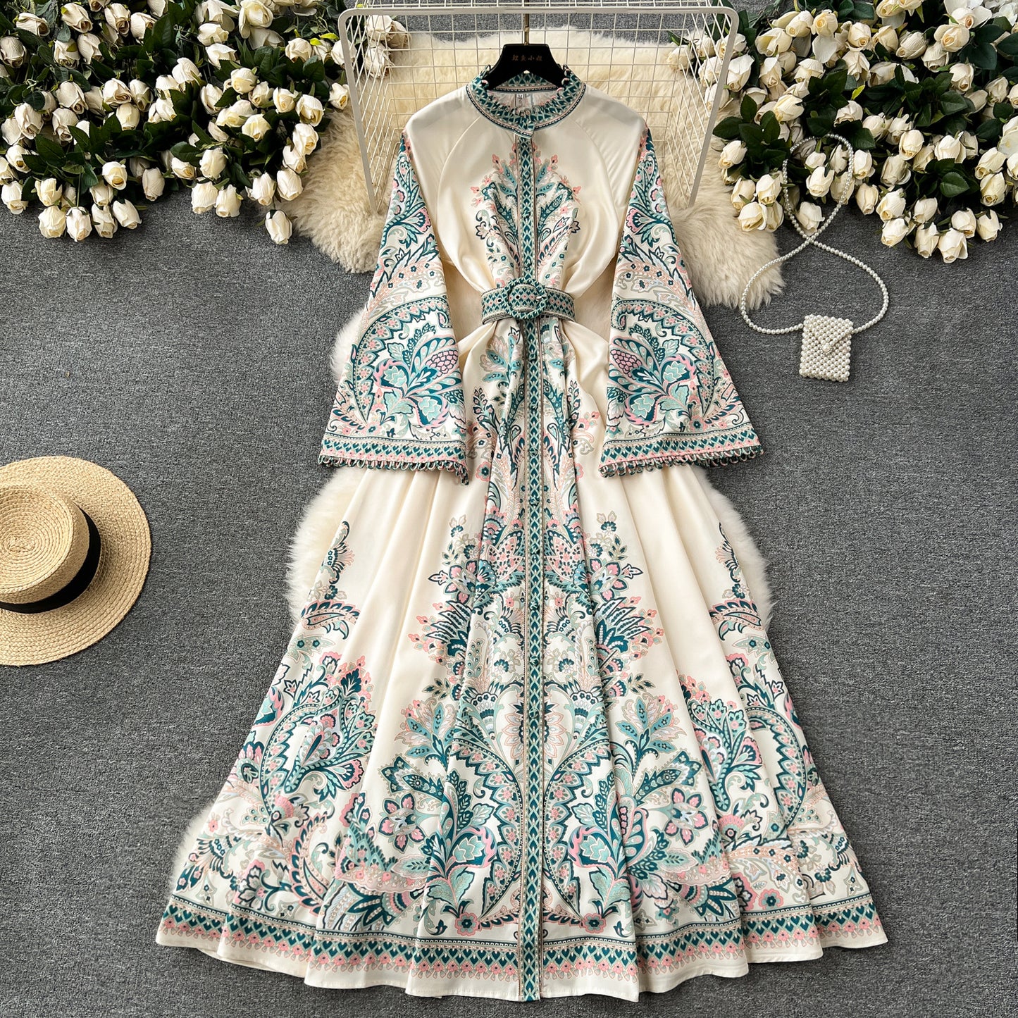 New retro printed round neck trumpet sleeve dress with large swing irregular pleated long skirt R2150
