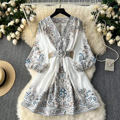 New French retro print single-breasted V-neck lantern sleeve waisted mid-length dress R2136