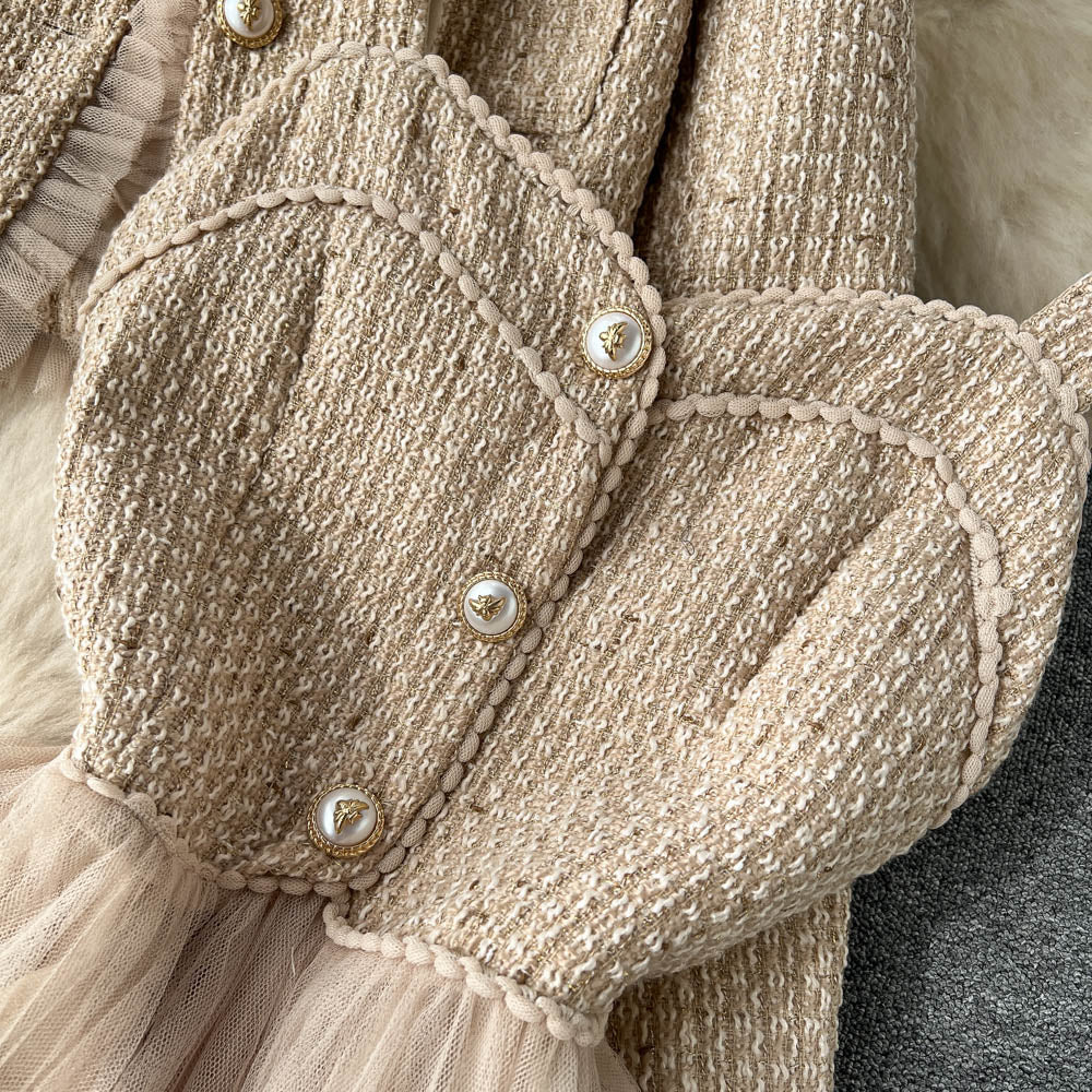 Chanel style high-end suit short cardigan jacket suspenders mesh dress two-piece suit R2145