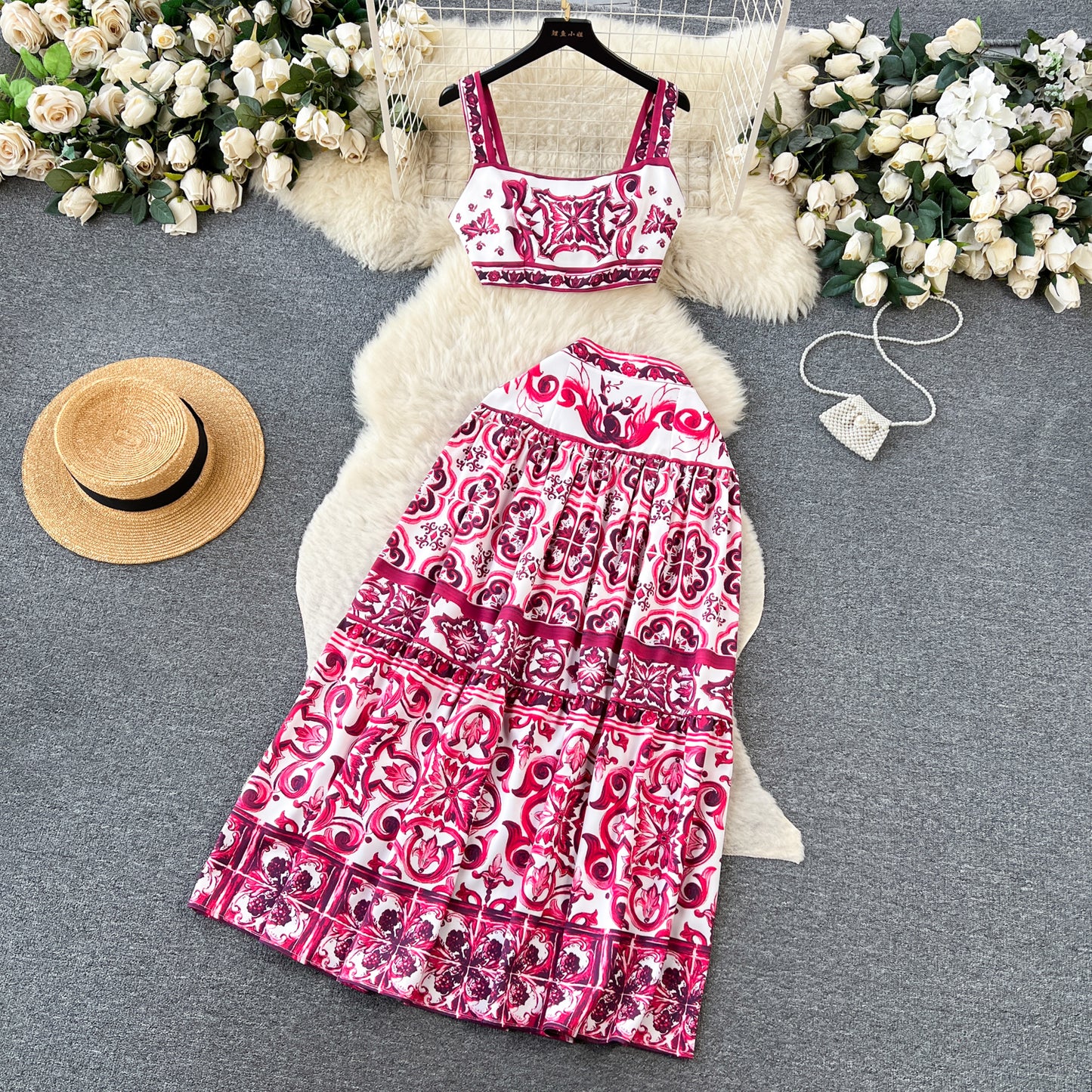 Printed suit pure waist-revealing camisole vest high waist midi skirt R2138