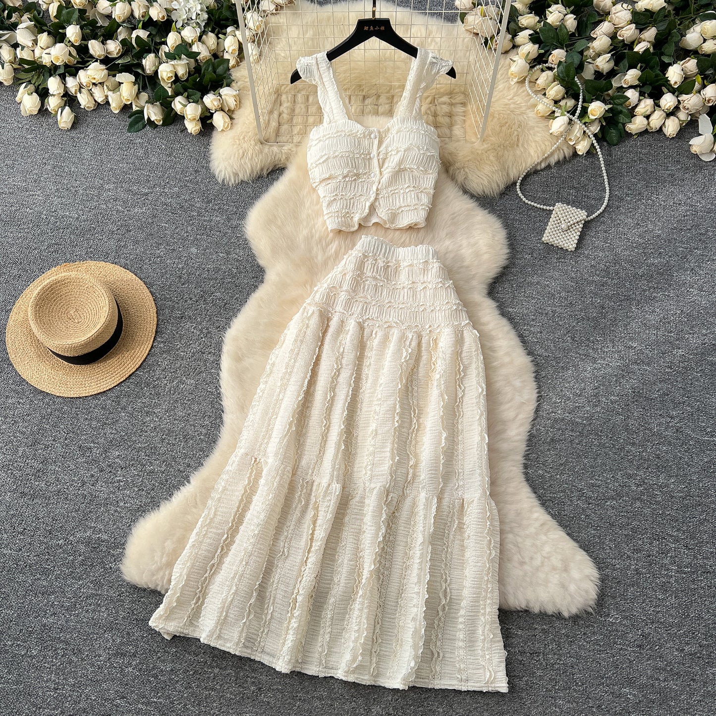 Gentle outfit holiday style short small flying sleeve suspender top high waist pleated skirt suit R2158