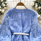 French court style V-neck lantern sleeves embroidered waist slimming A-line elegant dress R2146