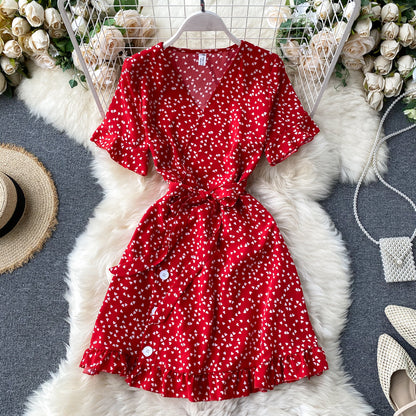 Dress 2025 new summer sweet love print trumpet sleeve tie waist short style R2166