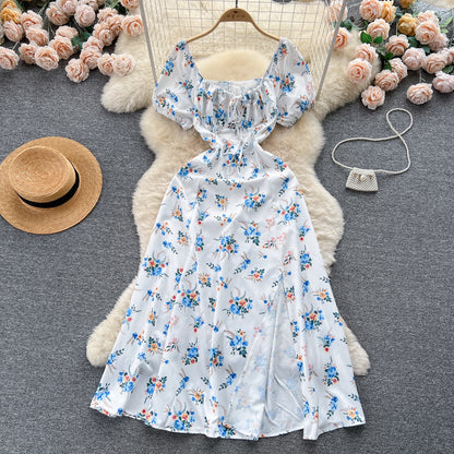 French pure desire high-grade floral dress slim temperament super fairy slit long skirt R2144