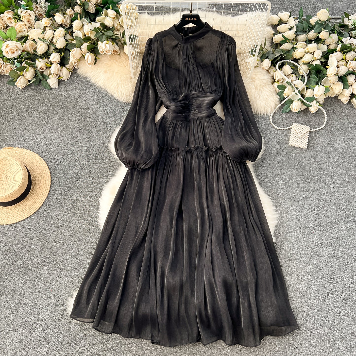 High-end dress 2025 new style stand-up collar pleated waist long puff sleeve dress R2143