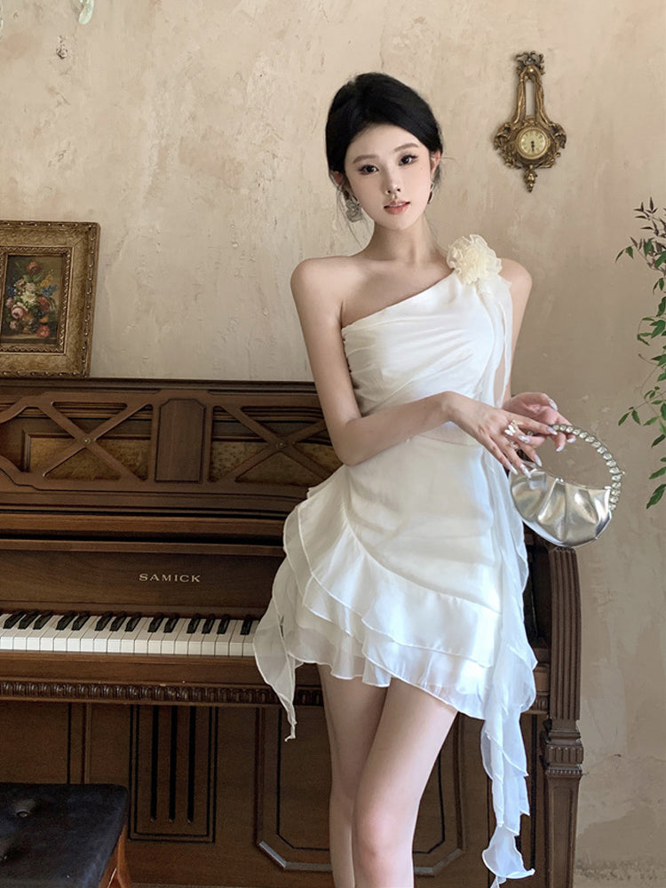 Birthday dress high-end party dress niche irregular chiffon off-shoulder dress R1806