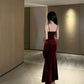 French suspender dress autumn wine red slim waist velvet hip fishtail Christmas dress R1439